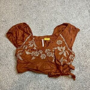 Free People Blouse Womens Small Brown Embroidered Puff Sleeve Boho Top Festival‎